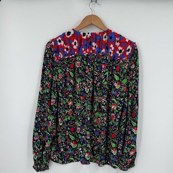 ZARA Shoulder Pad Patchwork Floral Blouse in Black/Multicolor | Size Medium - Picture 4 of 10